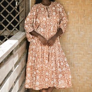 Daughters of India Floral Midi Dress in Cream and Brown